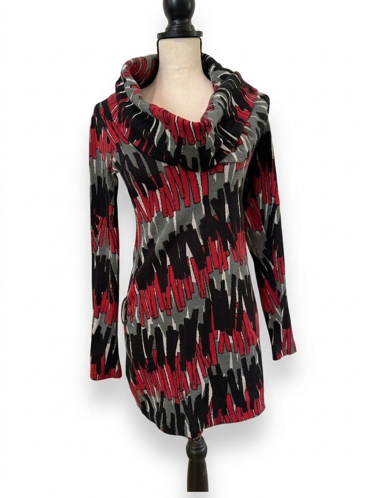 Vtg MISS SIXTY Italy Abstract Graphic Knit Mini Dress Cowl Neck Small Y2K-image
