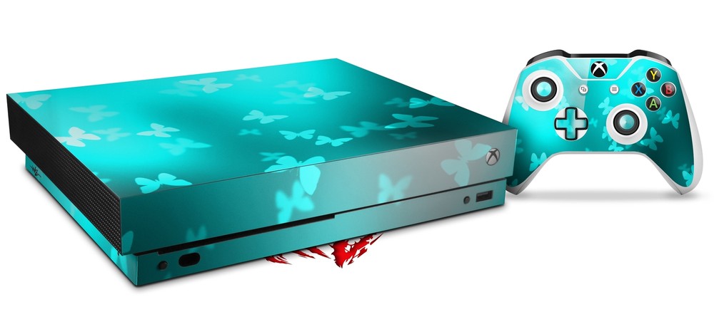 Skin for XBOX One X Console Controller Bokeh Butterflies Neon Teal Decal