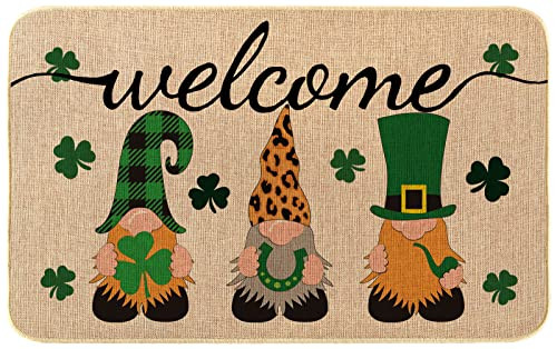 Lucky St Patricks Day Shamrock Gnome Welcome Doormat for Indoor Use  
