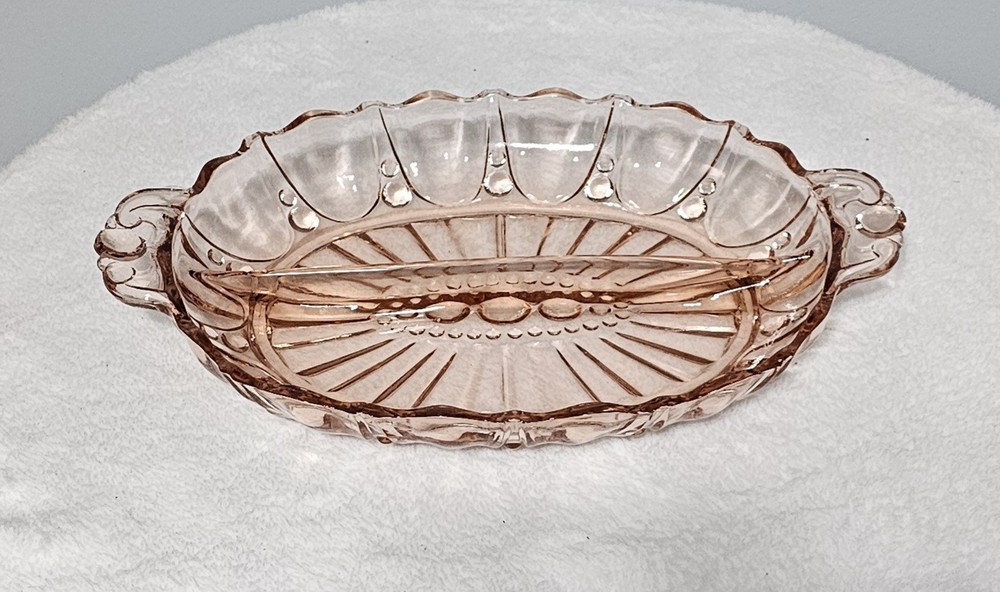 Vintage Pink Depression Glass Divided Scalloped Relish Serving Dish