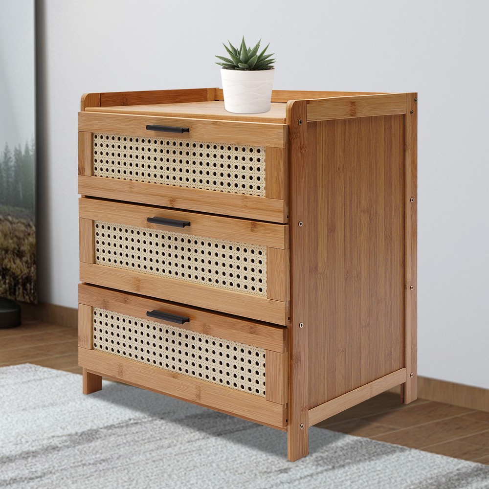 Bamboo Nightstand with 3 Sliding Drawers - Compact Storage End Table