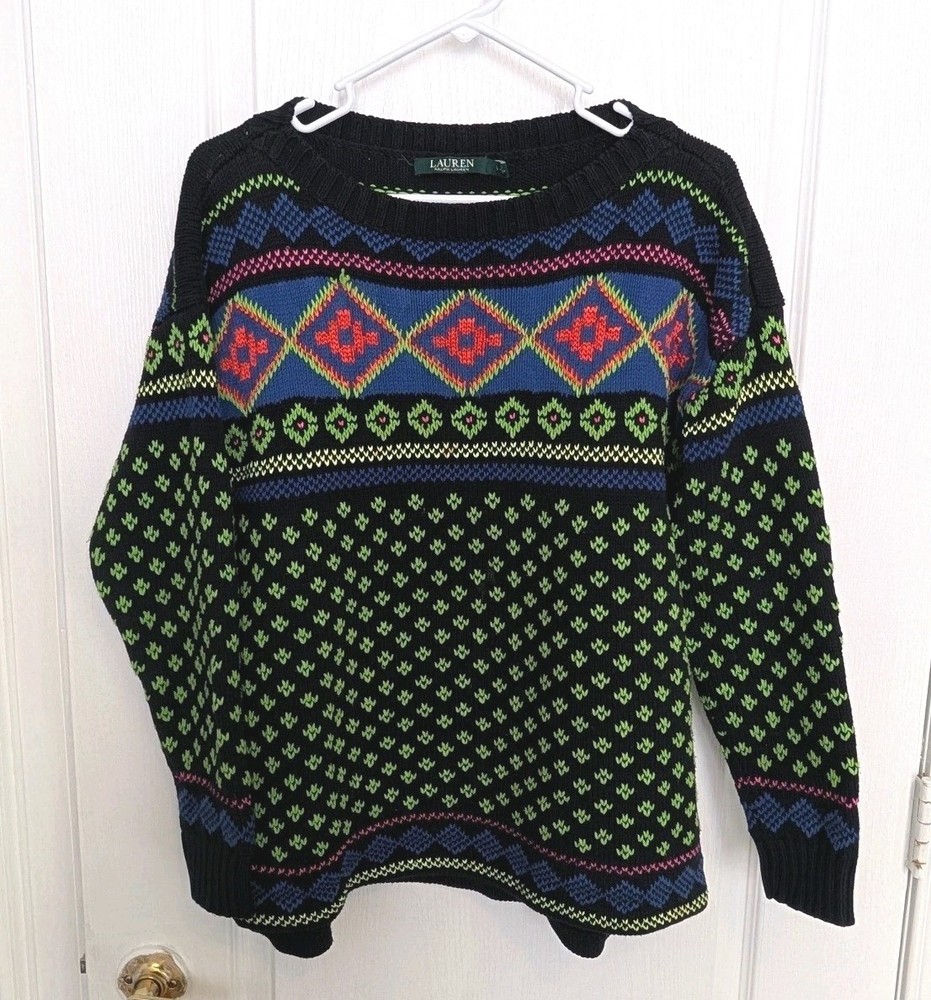Lauren Ralph Lauren Neon Fair Isle Cotton Blend Sweater Black Mens Large