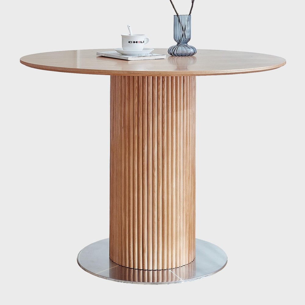 Round Wood Dining Table with Trestle Base & Stainless Steel Plate