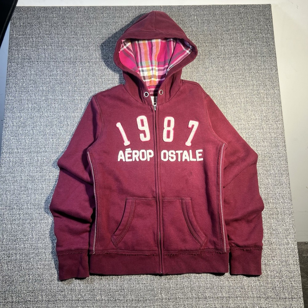 Aeropostale Vintage Burgundy Zip Up Hoodie with Pink Plaid Lining Size Medium