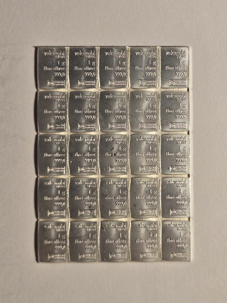 25 Gram .999 Fine Silver Bar Valcambi Suisse Breakable 1 Gram Bars