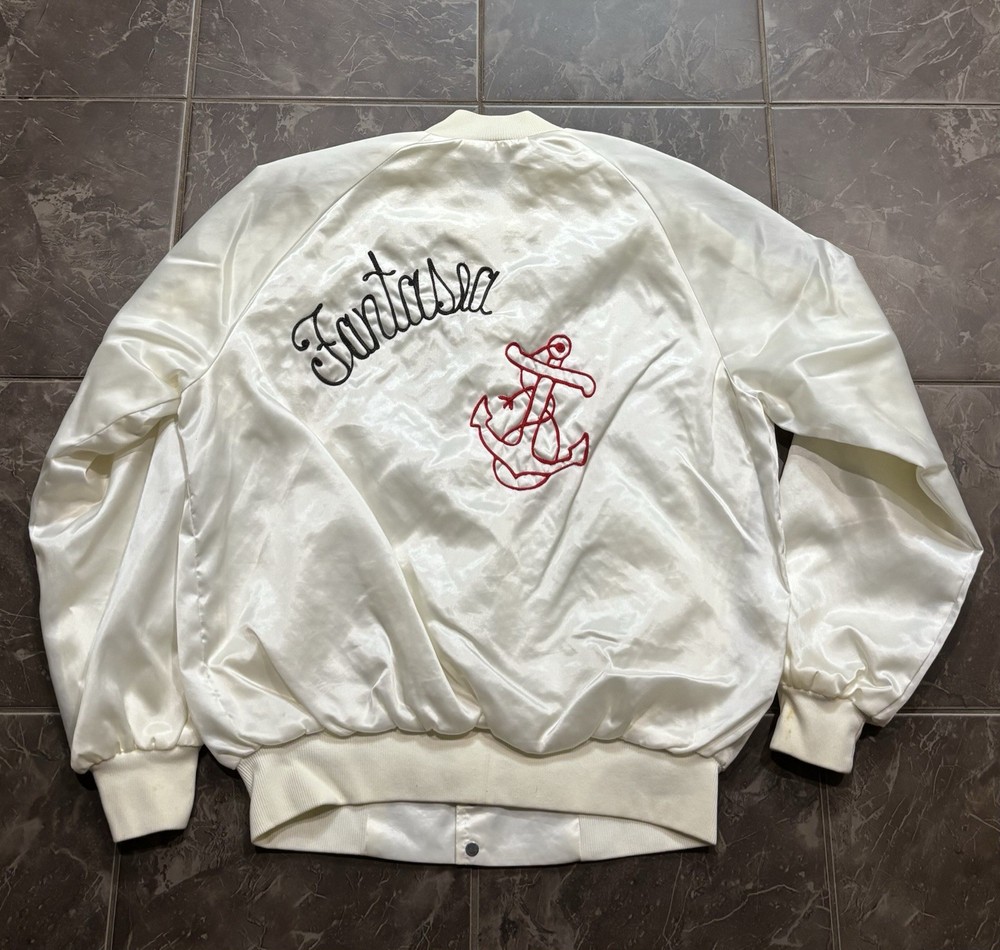Vintage Fantasia Naval Ship Chain Stitch Satin Bomber Jacket Mens Size M White