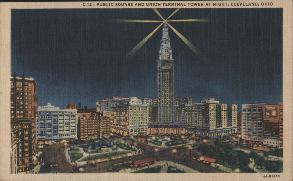 Cleveland, Ohio OH Public Square Union Terminal Tower Night Vintage Postcard