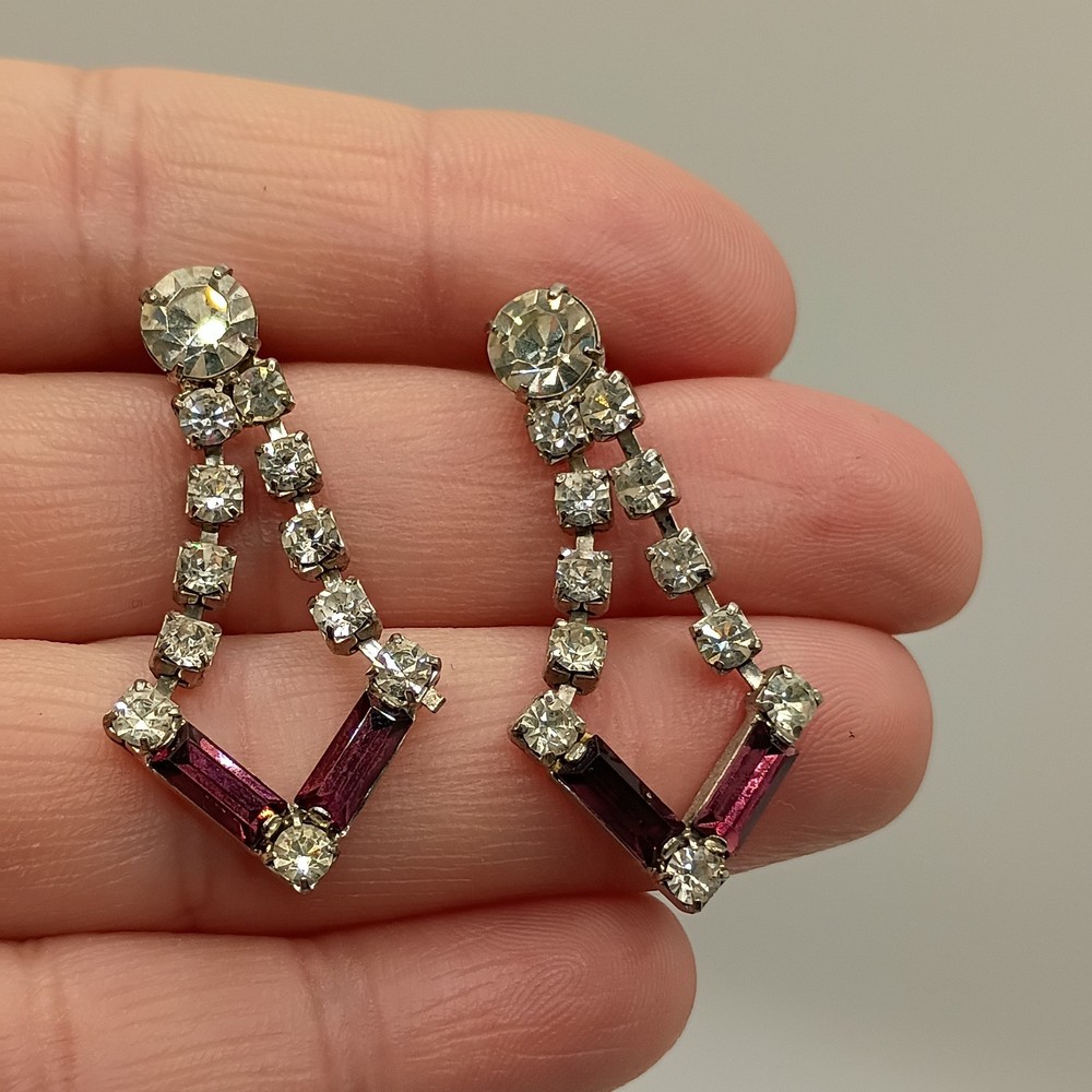 Vintage Rhinestone Dangle Earrings Purple & Clear Silver Tone Bridal Prom