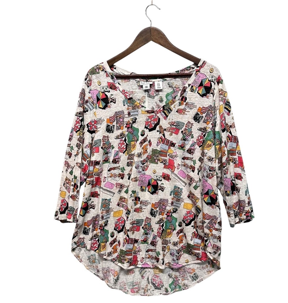 Nicole Miller Womens 100% Linen V-neck Top Plus Size 1X Beachy Print Resort 3/4