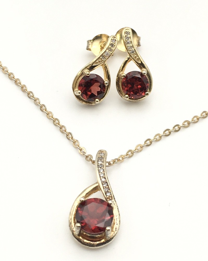 Vintage Gold Dip Sterling Silver Red Stone Necklace & Earrings Set GSK 4.5g #53