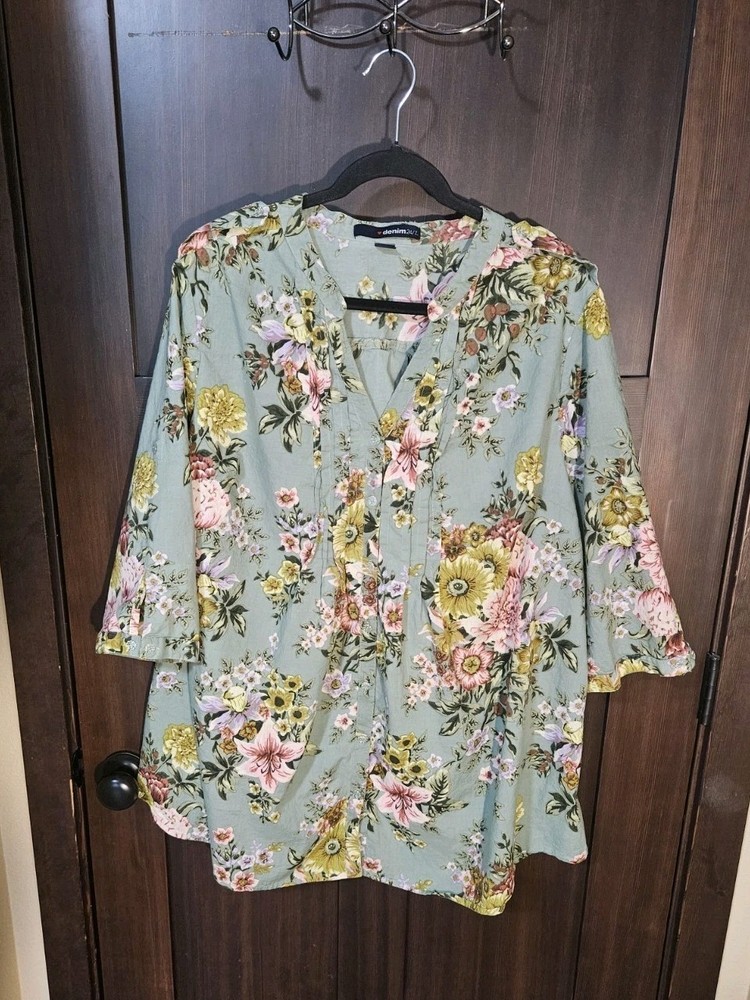 EUC Women's Plus Green Floral Boho 1/2 Sleeve Tunic Blouse Top Size 24W 3X