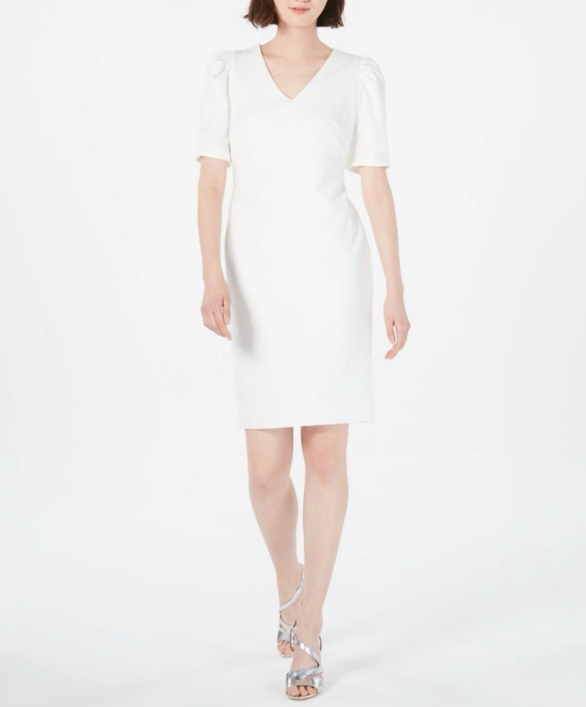 CALVIN KLEIN Womens Ivory Short Sleeve Midi Sheath Cocktail Dress Size: 6