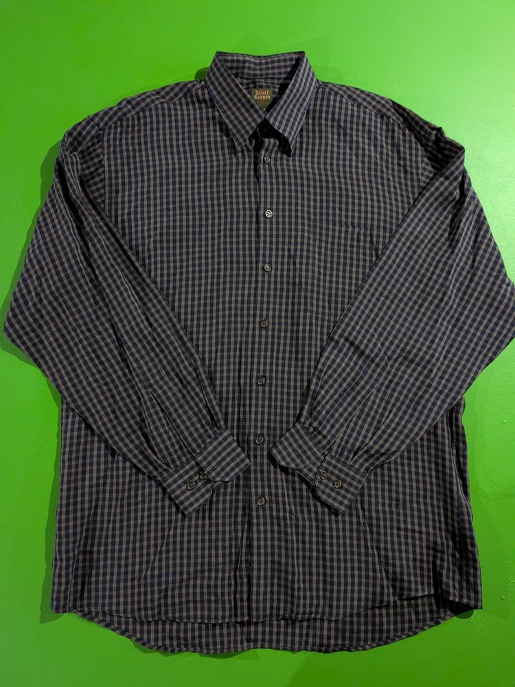 Scott Barber Button Down Shirt Long Sleeve Plaid Check Large Blue Green Tencel