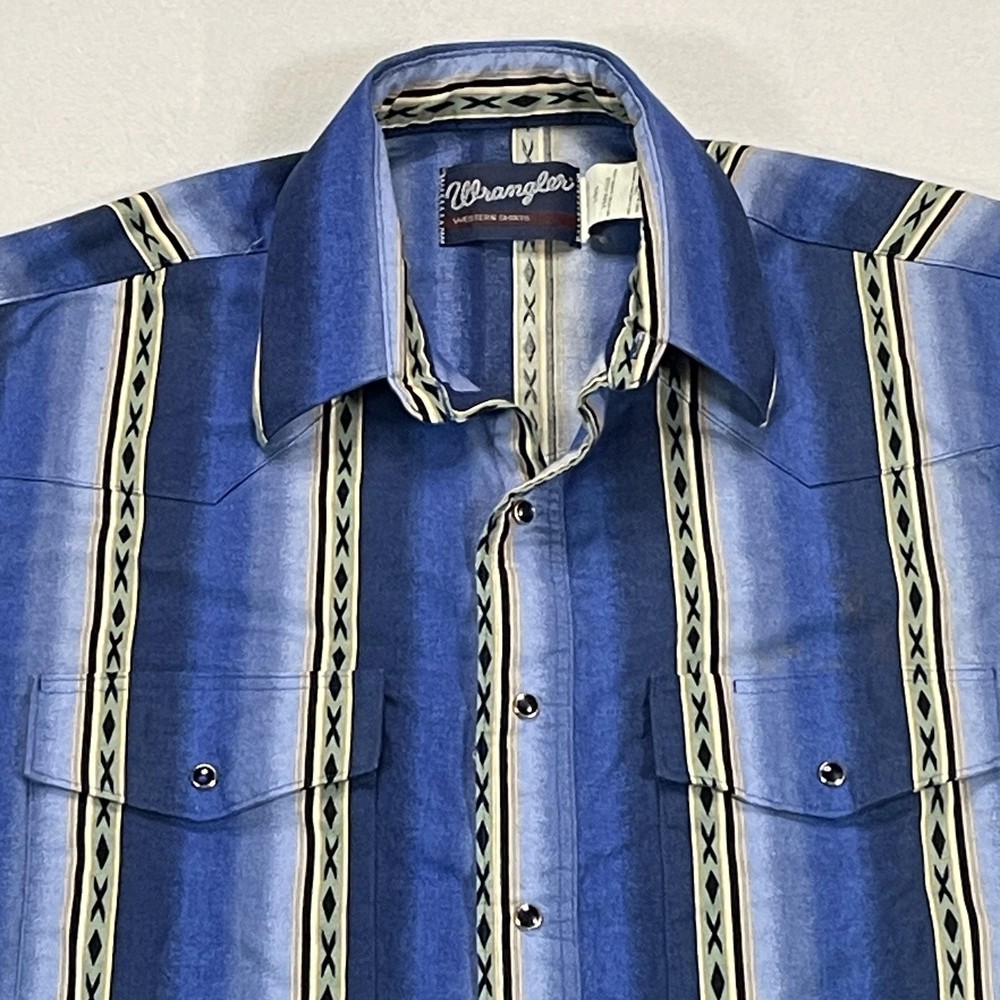 Wrangler Shirt Mens Large Blue Stripe Western Pearl Snap SS Brushpopper Cowboy