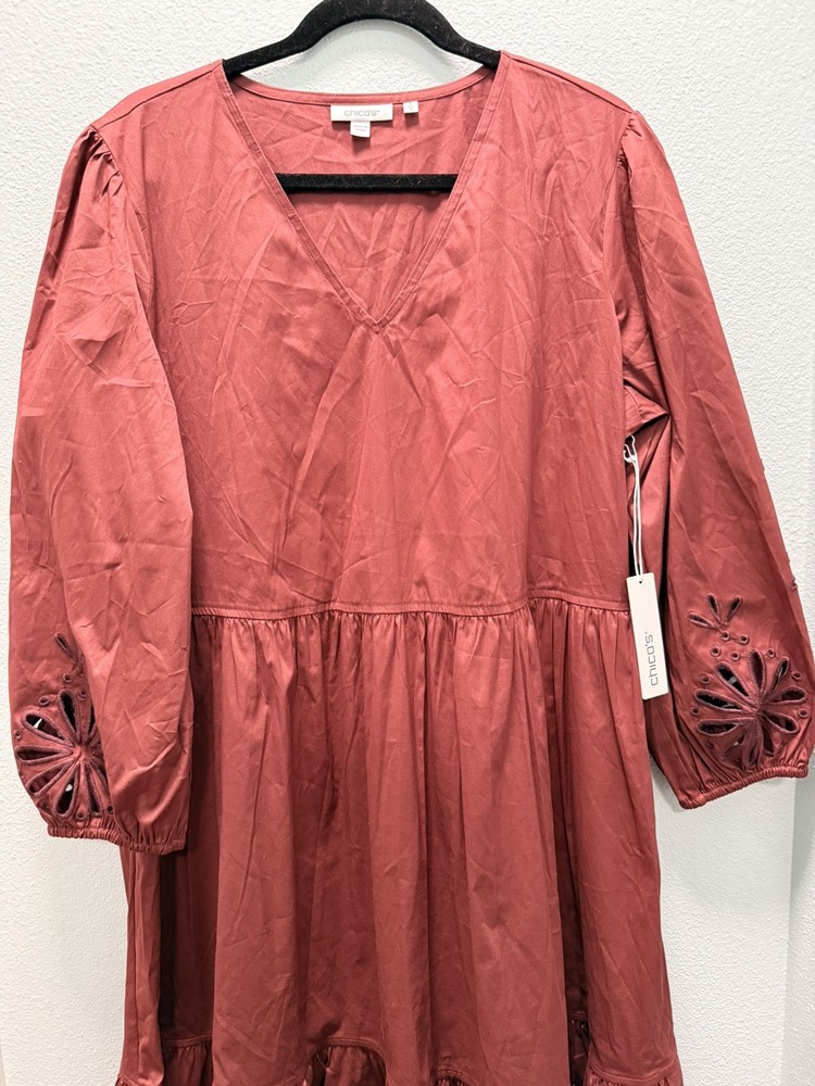 Chicos Poplin Eyelet Midi Boho Dress Womens -  Brown Cotton Blend V Neck Casual.