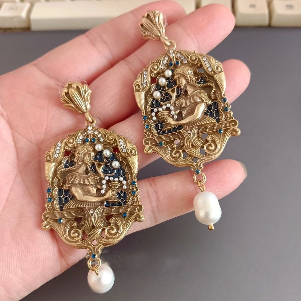 Vintage French Oil Painting Style Earrings Gold Pearl Dangle Earrings