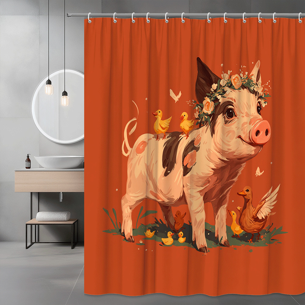 Pig and Ducks Shower Curtain Orange Farm Animal Print