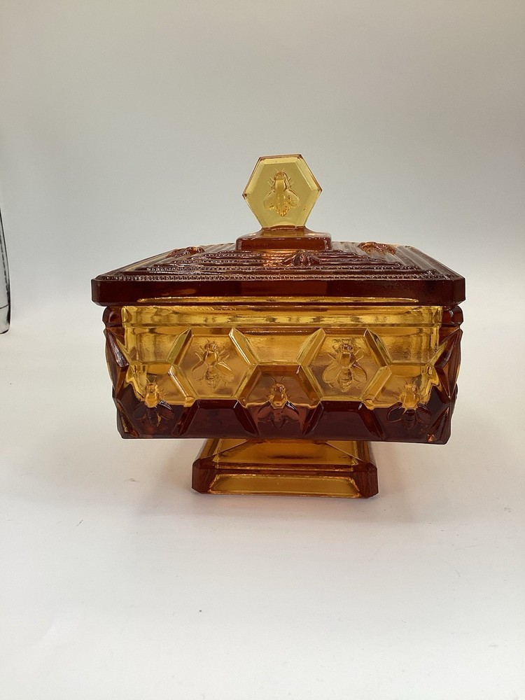 Fenton Art Glass Amber Honeycomb and Bee Square Bee Box Candy Dish with Lid