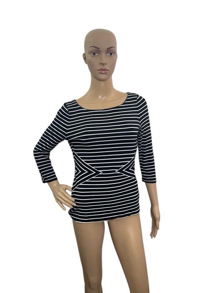 White House Black Market Womens Size XS 3/4 Sleeve Black White Striped Top Lined