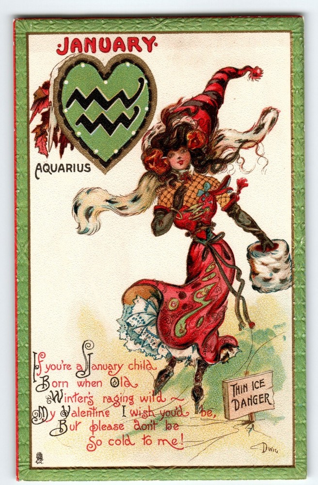 Tuck Postcard Dwig Aquarius Lady Ice Skater Zodiac January Thin Ice Danger 128