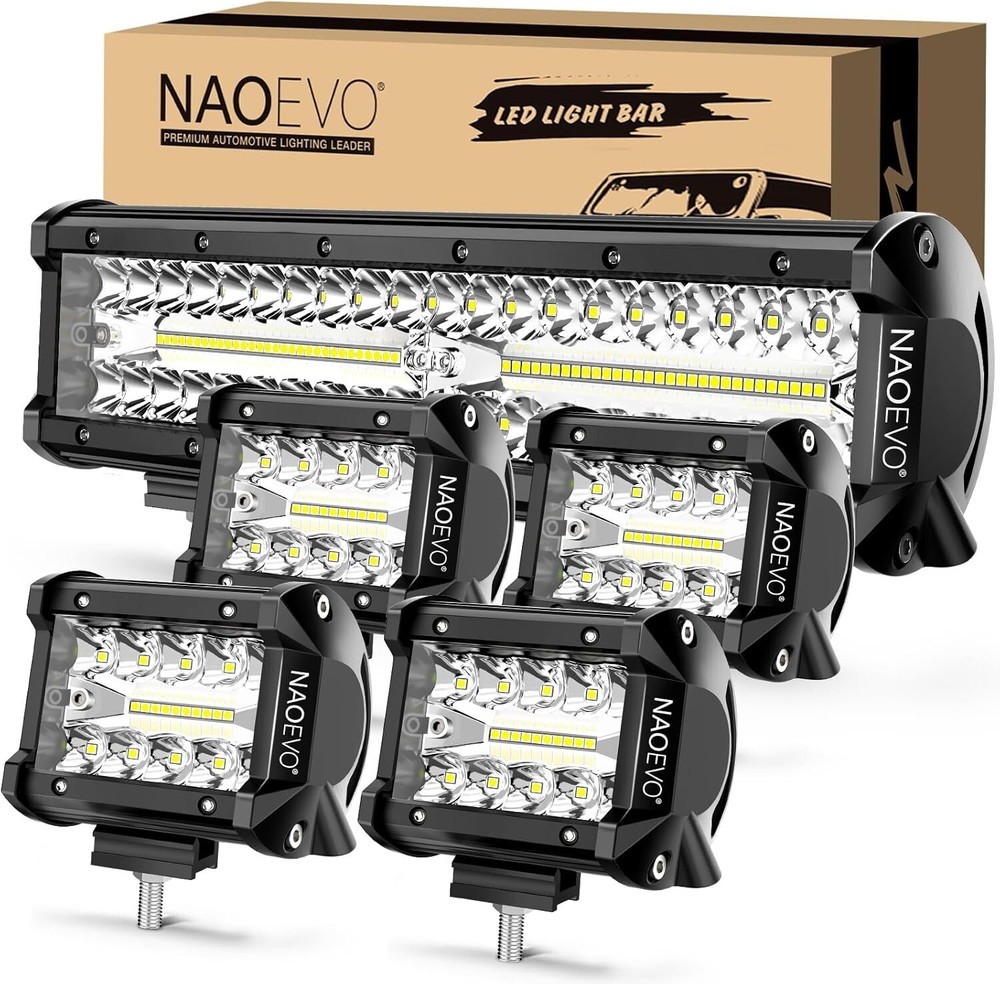 Ultra Bright 12 Inch LED Light Bar & 4PCS Pod Lights, 54000LM Off Road Lighting
