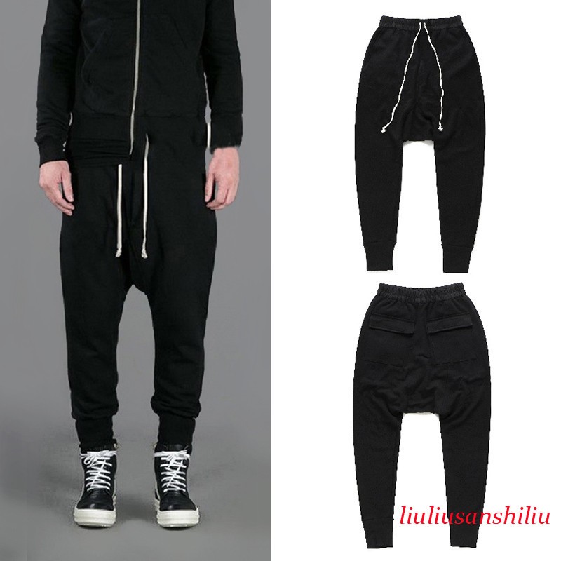 Black Mens Drop Low Crotch Trousers Drawstring Sweat Pants Joggers Bottoms Pants