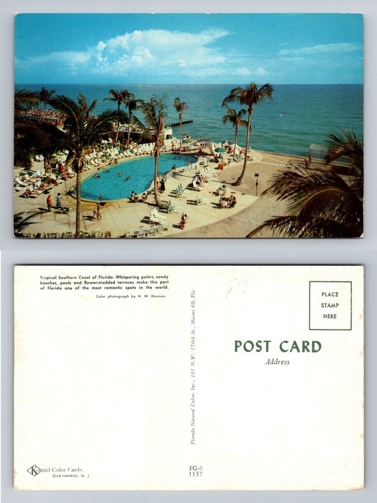 Miami Beach, FL-Florida, Tropical Coast Pool Palm Trees Beach Vintage Postcard