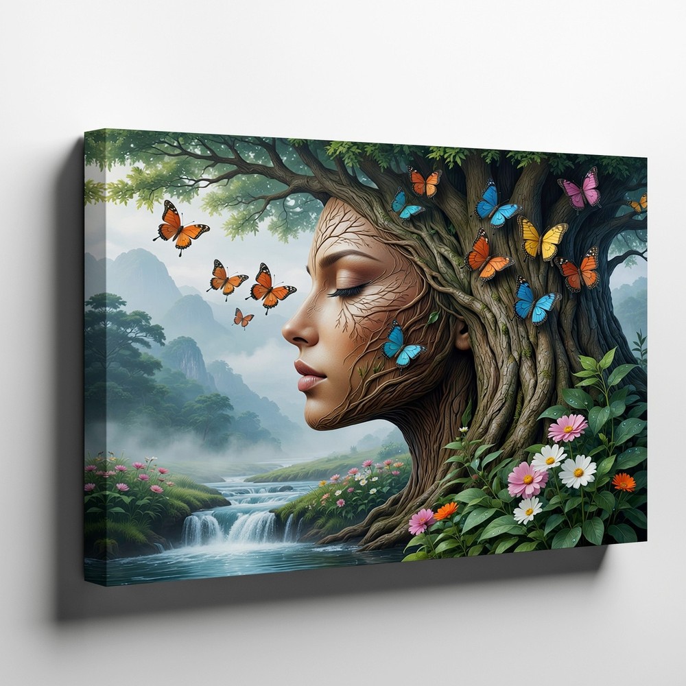 Surreal Tree Woman Face with Butterflies and Waterfall Nature Canvas Wall Art