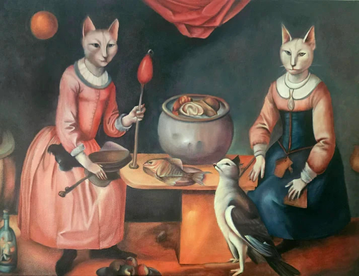 Rye Watts Dining Cats Original Oil Painting Surrealism Framed Signed Art 18x24