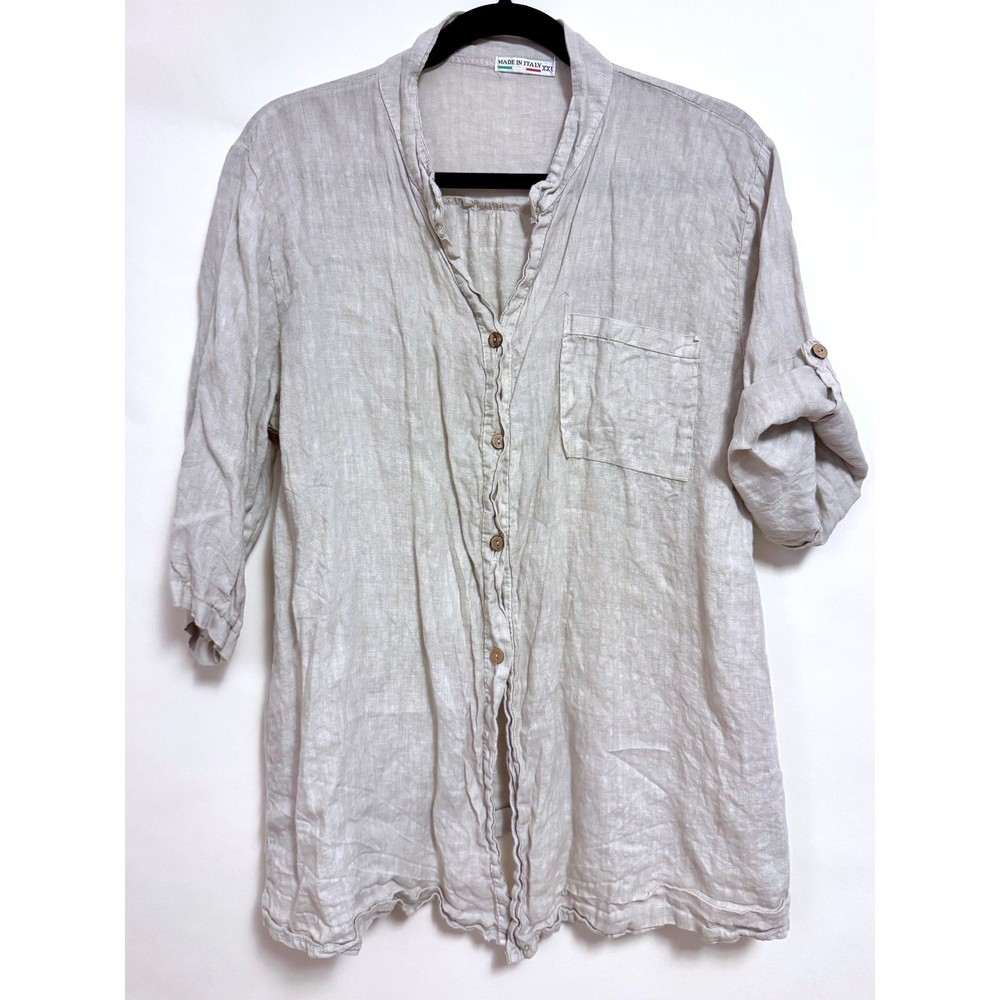 Made in Italy Natural Linen Stand Collar Button Down Top XXL Lagenlook Coastal