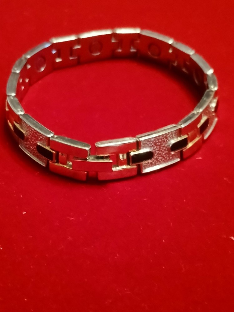 Stainless Steel Magnetic Bracelet, silver & gold tone w/black enamel links, 7.5