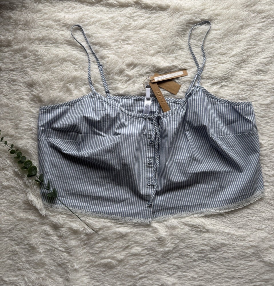 SKIMS Cotton Poplin Cadet Striped Tank Blue White Lace Trim XL Adjustable Strap