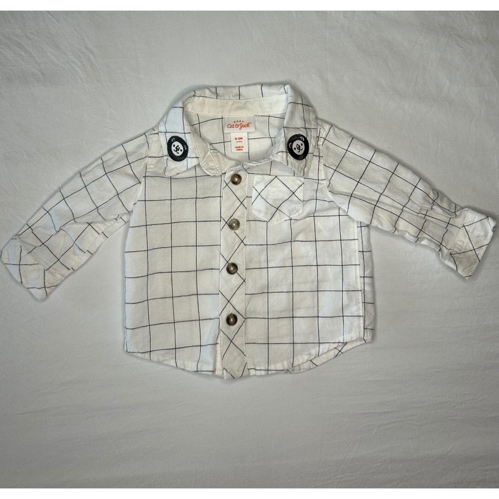 Baby Cat & Jack White Plaid Button-Up Shirt with Bear Accents (0-3M)