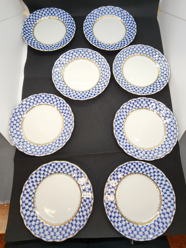 8 Russian Lomonosov Imperial Porcelain Cobalt Net Tulip Bread & Butter 6