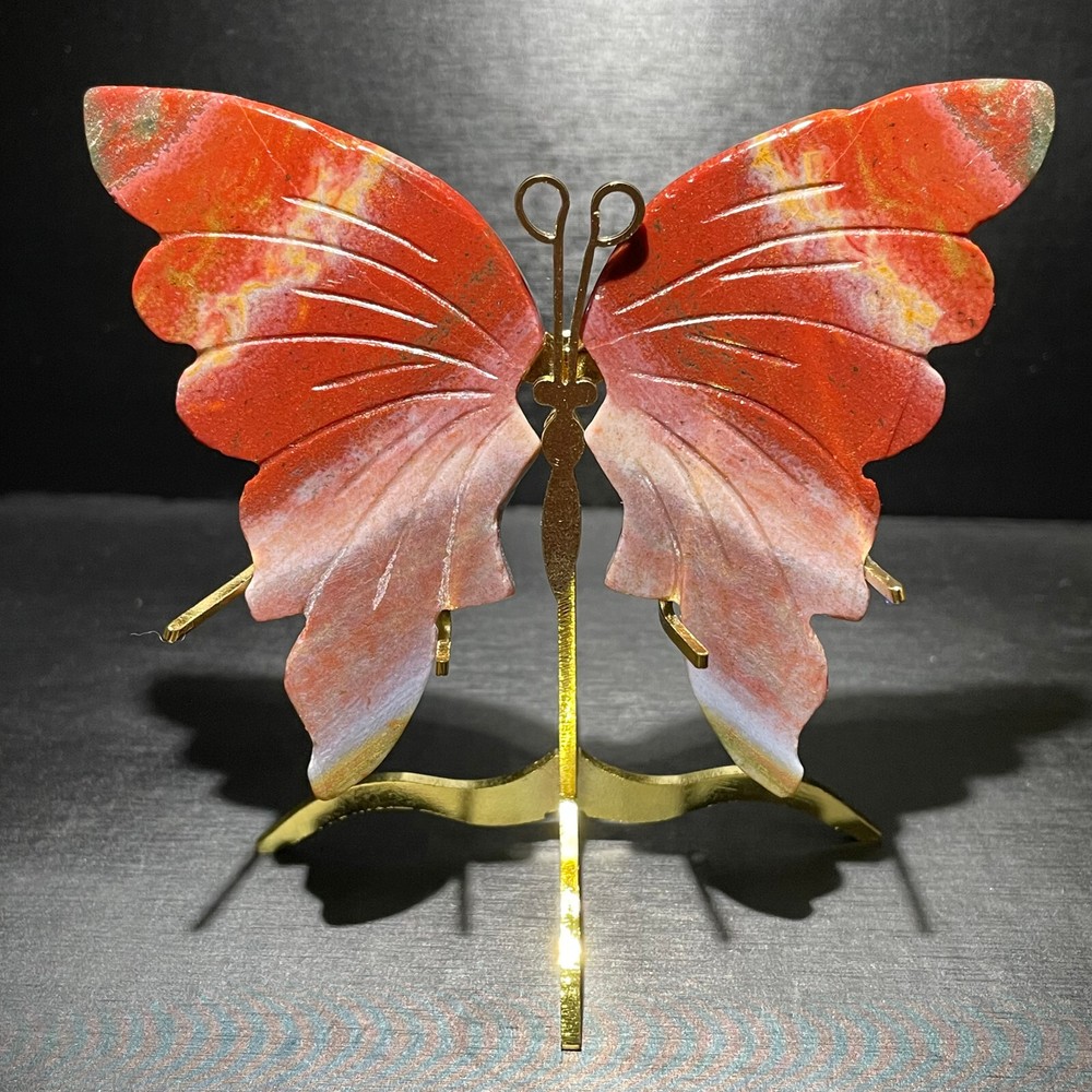 Natural Ocean Jasper Butterfly Wing Crystal Carved Reiki Stone with Stand  