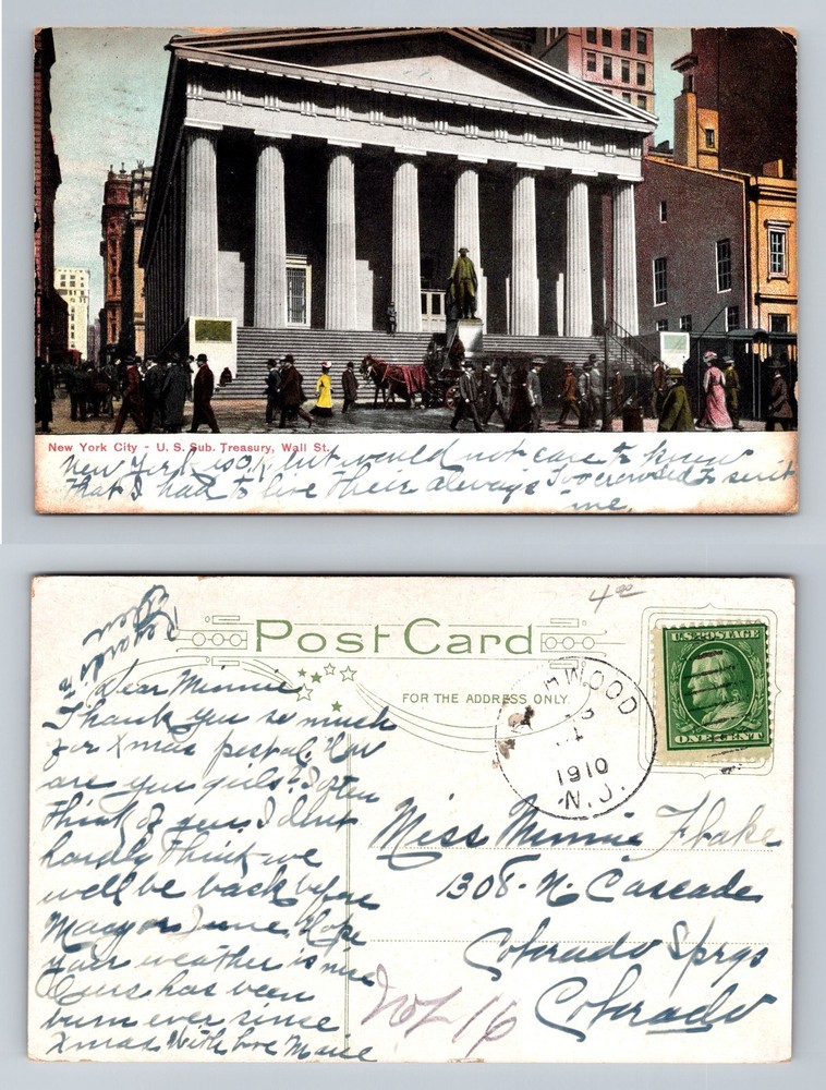 New York City NY, U.S. Sub Treasury Wall Street Vintage c1910 Postcard