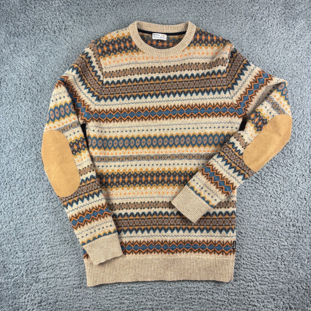 Barbour Jumper Mens Medium Beige Fair Isle Knit Aztec Nordic Elbow Pads Caister