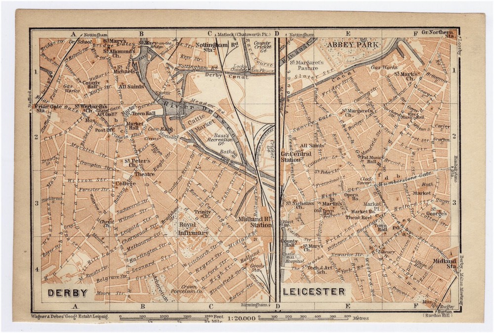 1910 Antique City Map Of Derby / Leicester / East Midlands / England