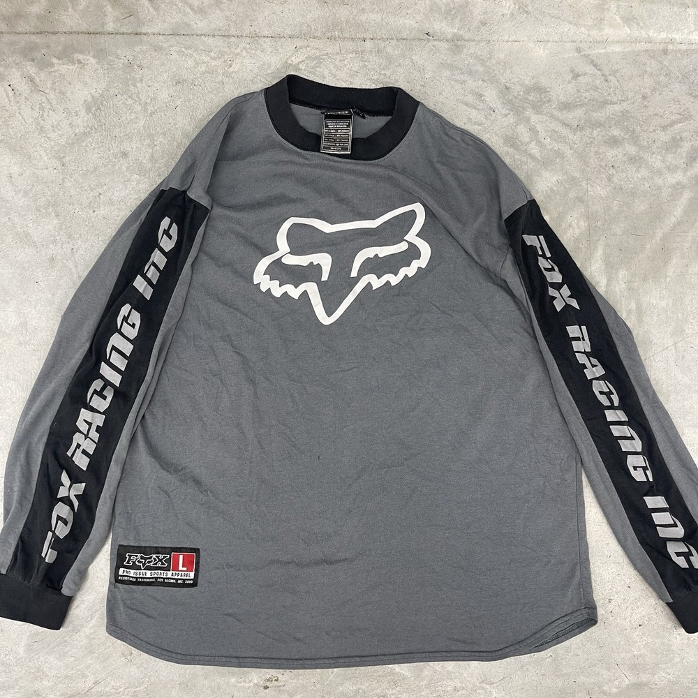 Vintage Y2k Fox Racing Inc Big Logo Spellout Long sleeve T Shirt Large Gray