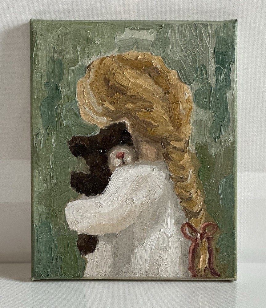 Original Impressionist Oil Painting Girl with Teddy Bear Portrait Art Canvas