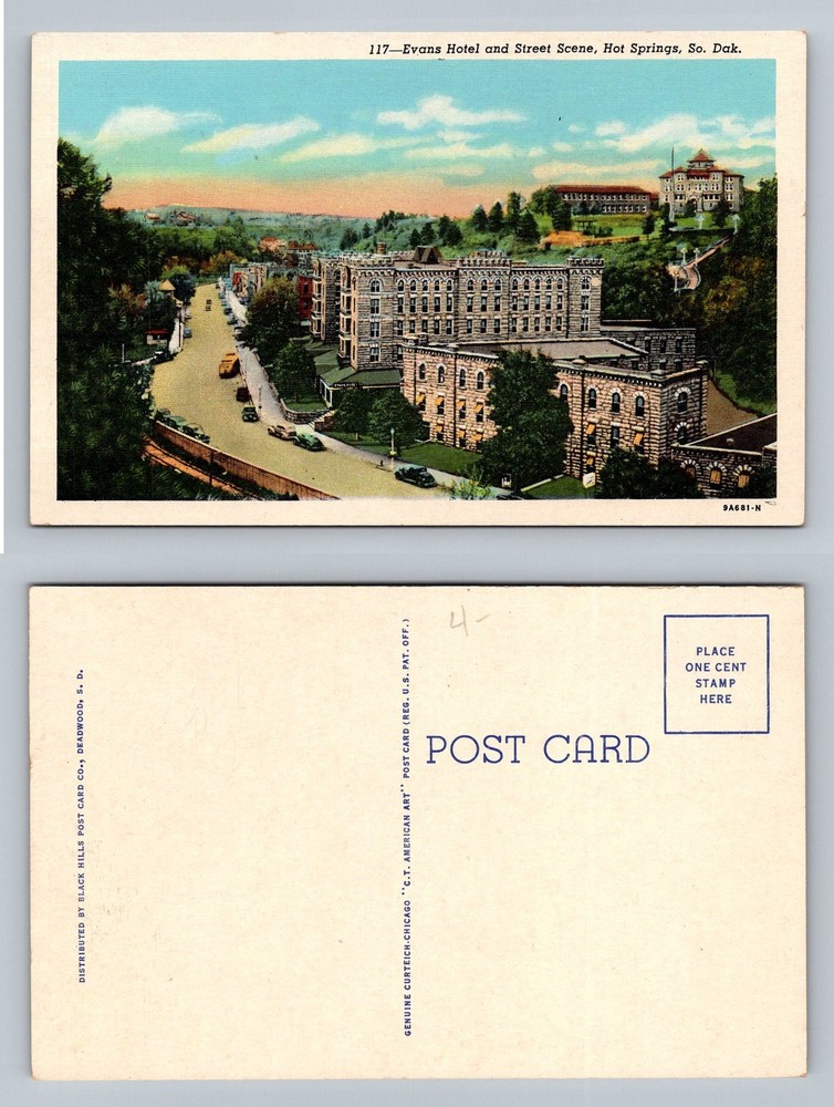 Hot Springs, SD-South Dakota, Evans Hotel Street Scene Vintage Postcard
