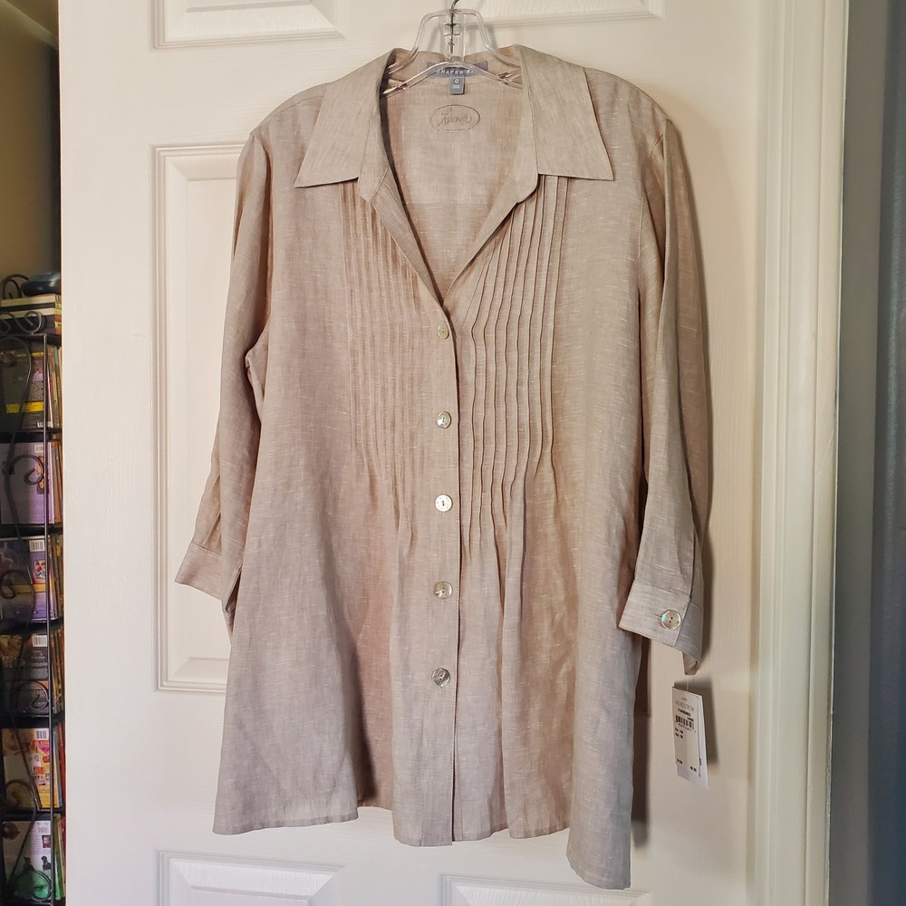 Foxcroft Shaped Fit Linen Tunic Summer Beachy Semi-formal Beige 14W Vacation
