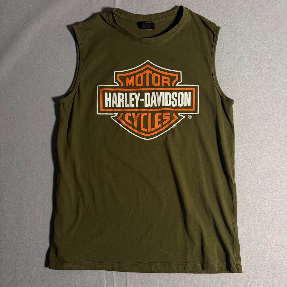 Harley Davidson Muscle Tank Top Mens Large Olive Green Skull Oklahoma City OKC