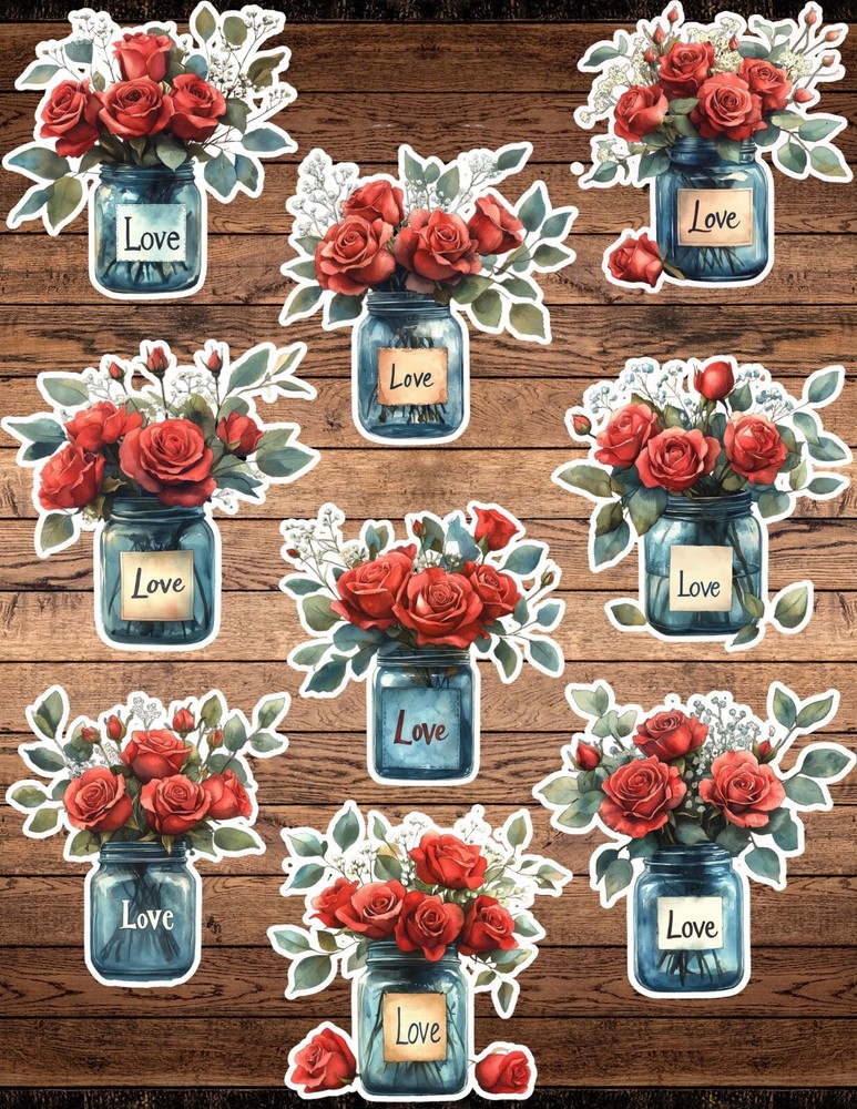 Love Flower Jar Die Cut Vinyl Stickers Set Scrapbooking Laptop Waterbottle