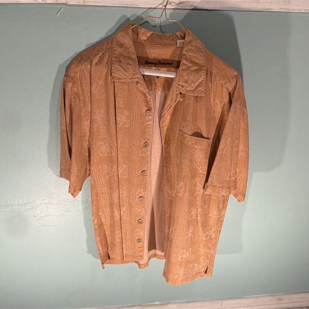 Tommy Bahama Men's L Orange Jacquard Silk Short Sleeve Button-Up Shirt