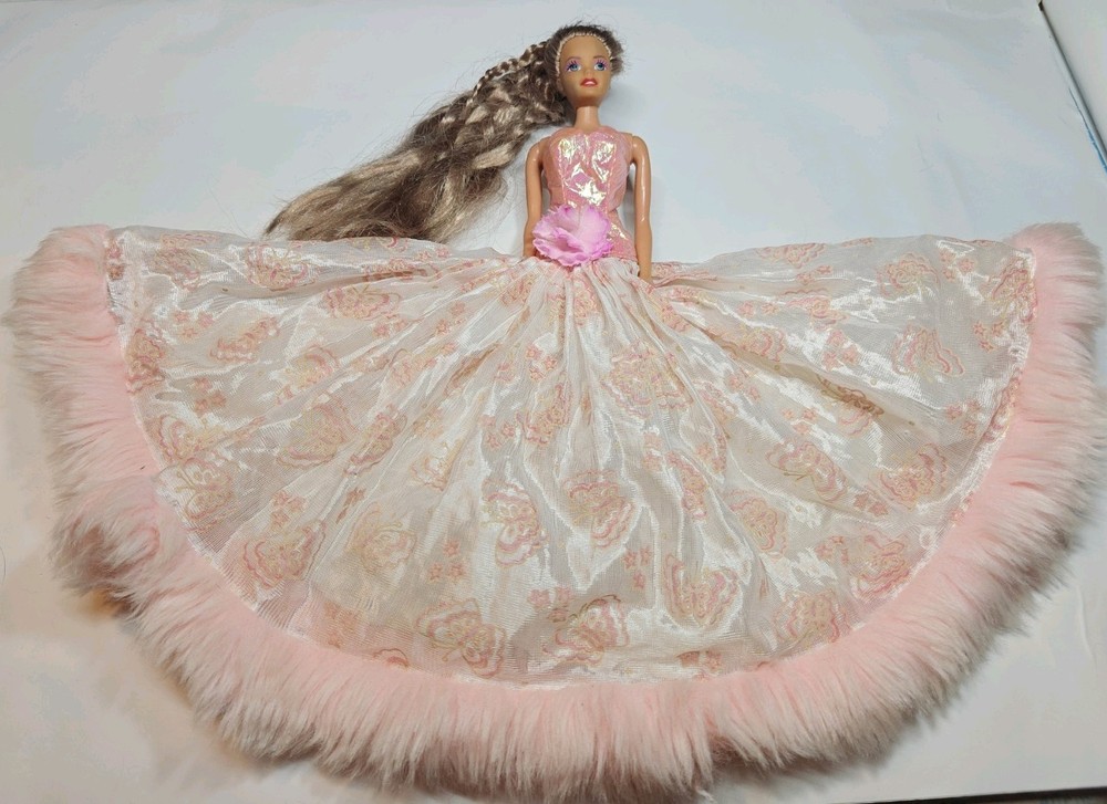 Barbie Mattel Vintage Doll 90's Long Hair Floral Gown Pink Dress