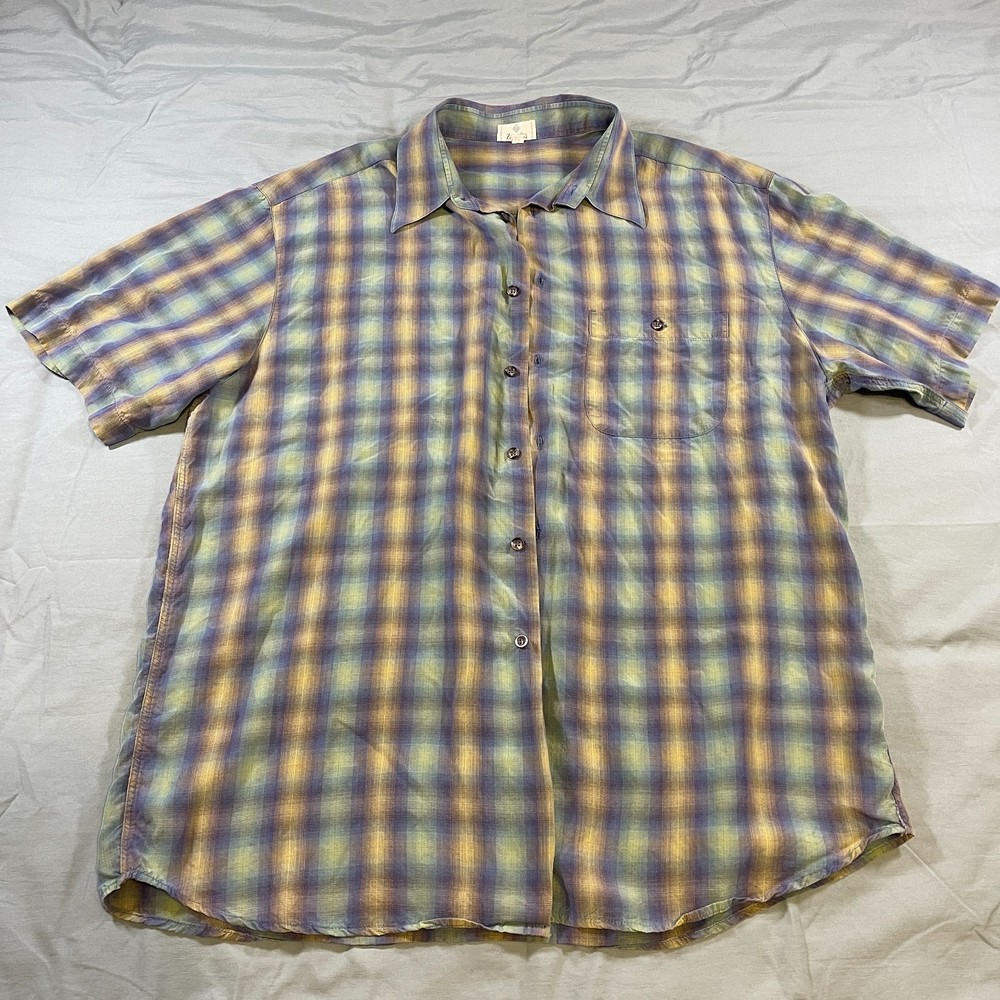 Zanella Shirt Mens XXL Short Sleeve Button Up Plaid Stripe Lyocell Made in Italy