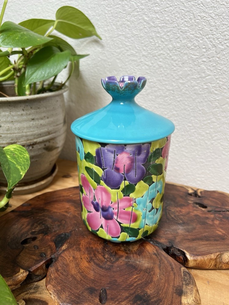 Alvino Bagni Raymor Italian Ceramic Floral Canister Lid MCM Turquoise Pink Green