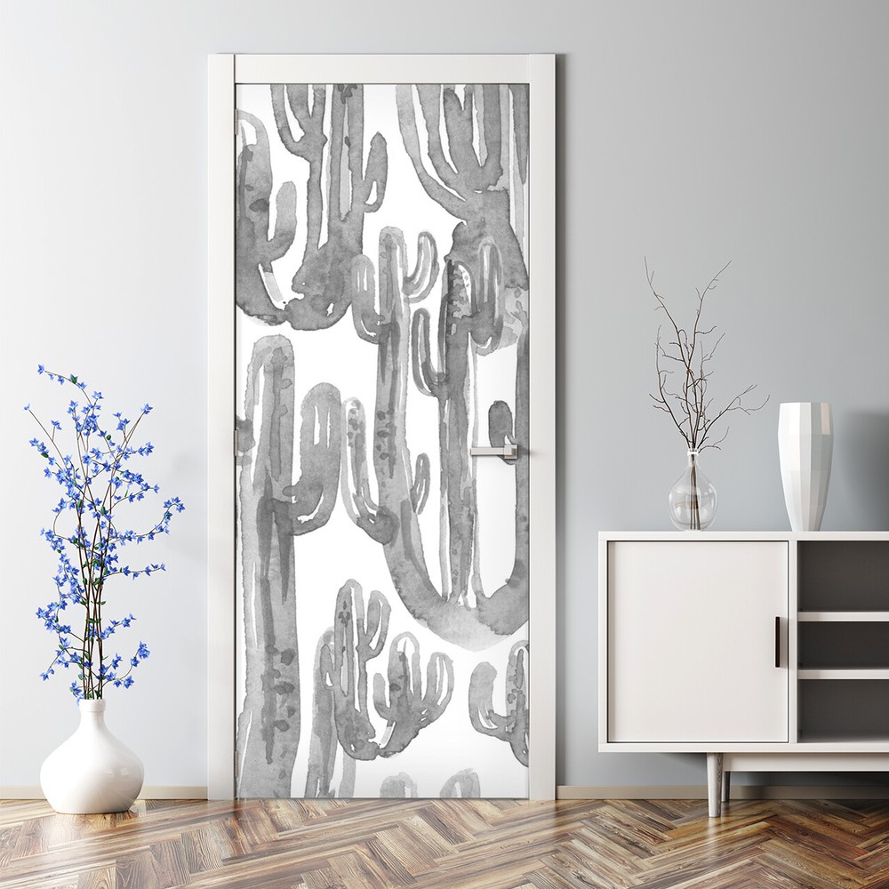 Painted Cactus Watercolor Bubble-Free Self-Adhesive Door Decal with Leaves