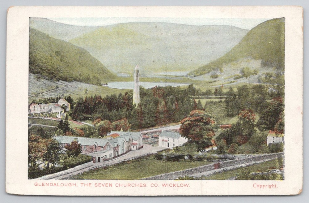 Vintage Glendalough Seven Churches Wicklow Ireland Round Tower Postcard